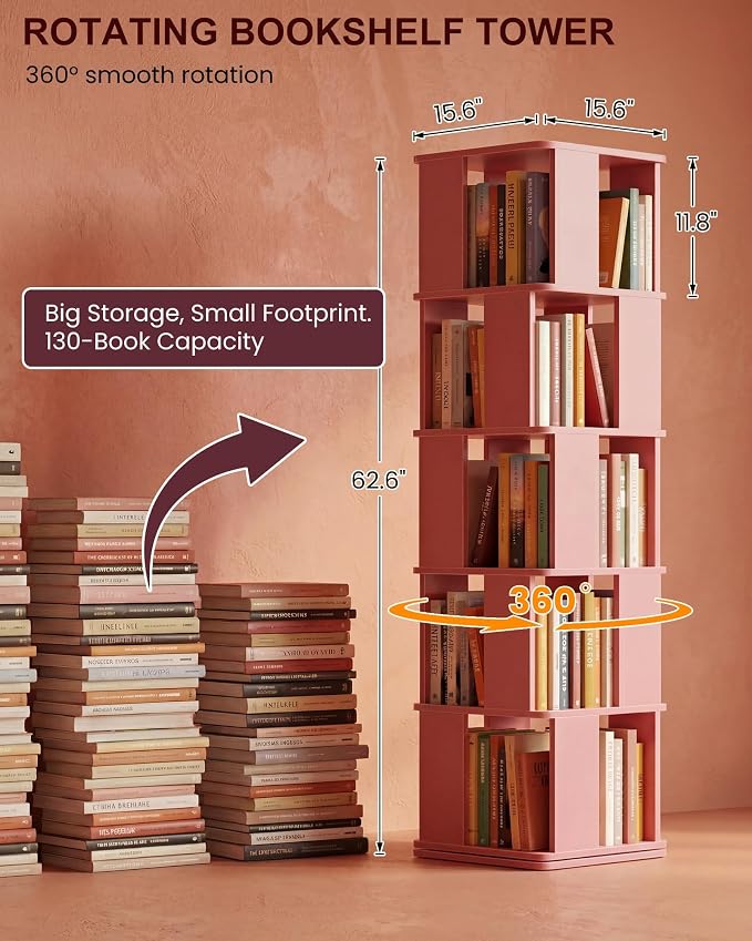 5-Tier Rotating Bookshelf Tower, 360° Square Spinning Book Shelf | Floor - Image 2