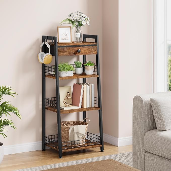 4-Tier Ladder Shelf with Drawer, Bathroom Stand Floor Storage Shelf, - Image 7