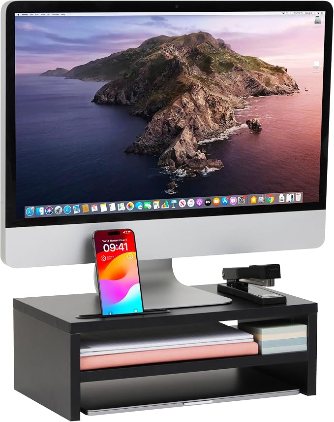 Mind Reader Monitor Stand with Phone Slot and Storage Shelf, Desktop Riser by MindReader