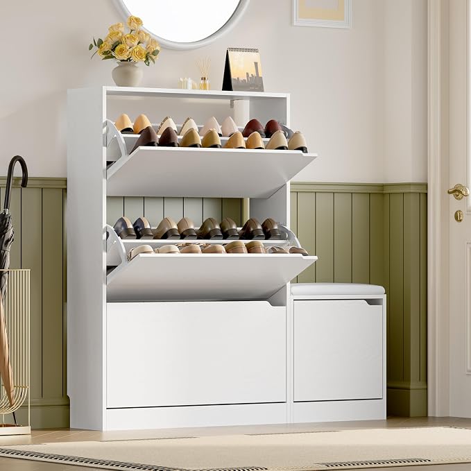 BORNOON Shoe Cabinet with Bench and 3 Flip Drawers, Slim Narrow Shoe Storage by BORNOON