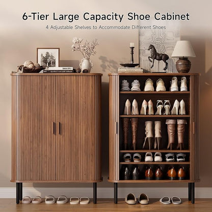 6-Tier Shoe Cabinet with Sliding Door, Wooden Shoe Storage Cabinet with - Image 3