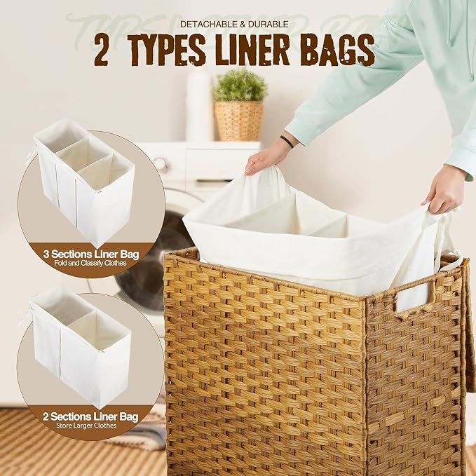 Greenstell Laundry Hamper with Lid, 125L Large Clothes Hamper with 3 Section & - Image 2