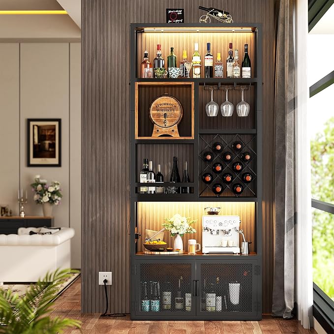 82.6" Tall Bar Cabinet with Power Outlets, 6-Tiers Reversible Wine Cabinet with - Image 8