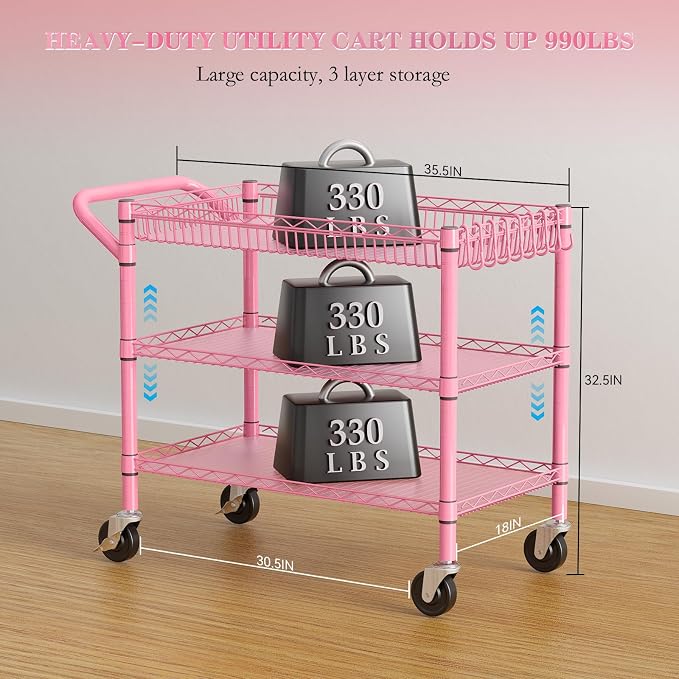 NTE Utility Cart with Wheels, 990lbs Capacity Metal 3 Tier Rolling Carts - Image 3