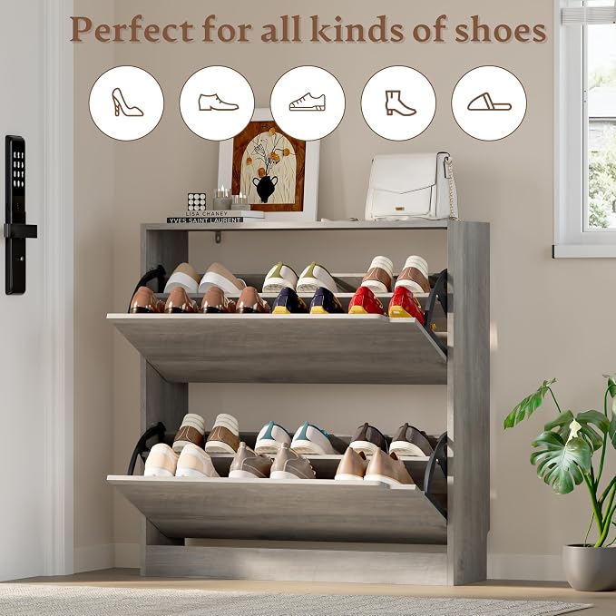 BORNOON Shoe Cabinet with 2 Flip Drawers, Slim Narrow Shoe Storage Cabinet - Image 4