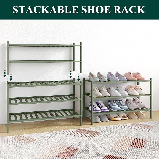 Smiry Bamboo Shoe Rack for Closet, 4 Tier Wooden Stackable Shoe Organizer - Image 6