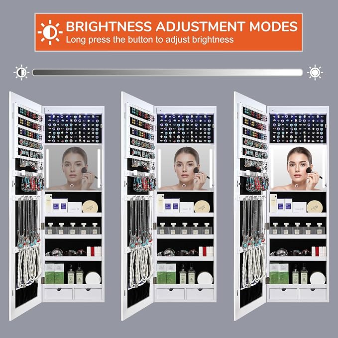 GISSAR Mirror Jewelry Cabinet, LED Wall Door Mount Full Length Jewelry Armoire - Image 7