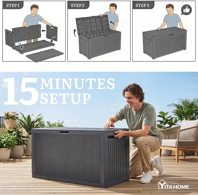 YITAHOME 95 Gallon Outdoor Storage Deck Box, Waterproof Resin Deck Box w/Handles - Image 9