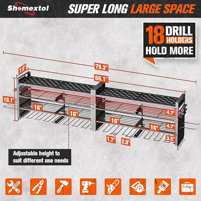 66" W Super Large Power Tool Organizer Wall Mount, Heavy Duty Cordless Tool - Image 6