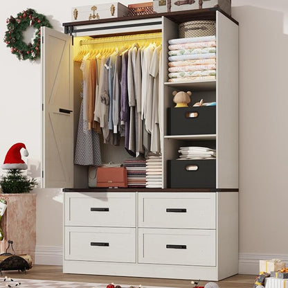 Farmhouse 3 Doors Armoire Wardrobe Closet w/Folding Sliding Barn Door and Lights by jiteentarou