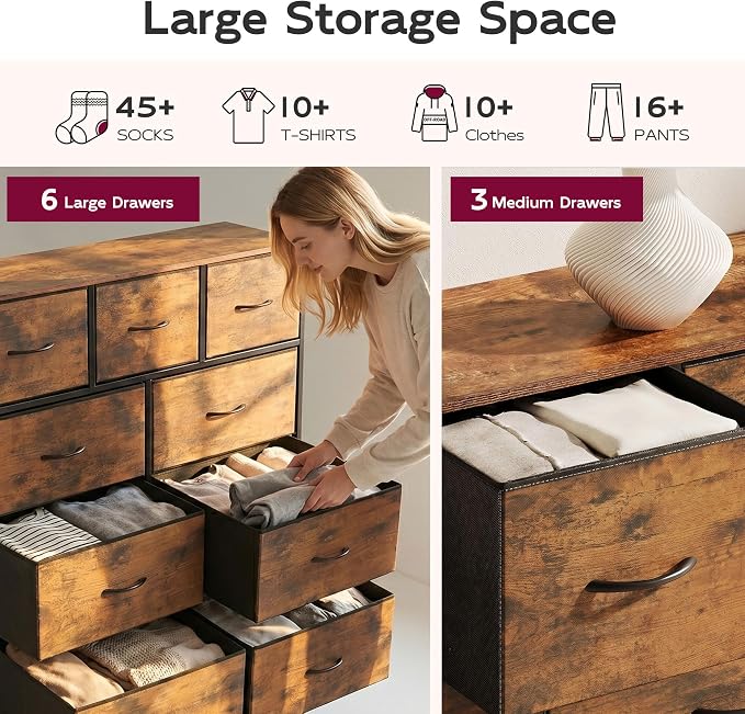 WLIVE Tall Dresser for Bedroom, 9 Drawer Chest of Drawers, Rustic Brown | 9 - Image 7