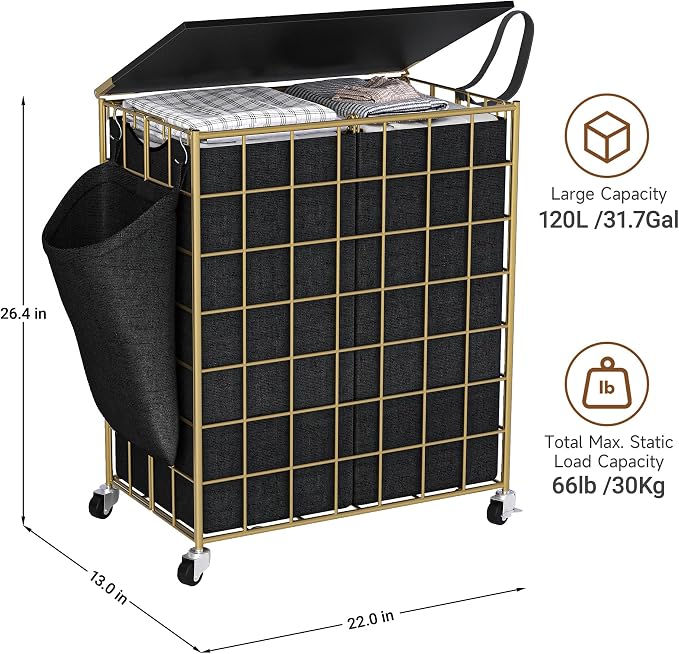 120L Laundry Basket with Wheels, Large Capacity Laundry Hamper with 3 Separate - Image 3