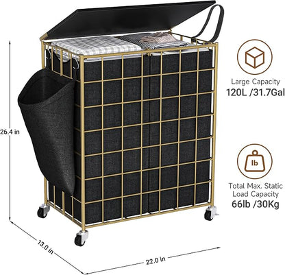 120L Laundry Basket with Wheels, Large Capacity Laundry Hamper with 3 Separate - Image 3
