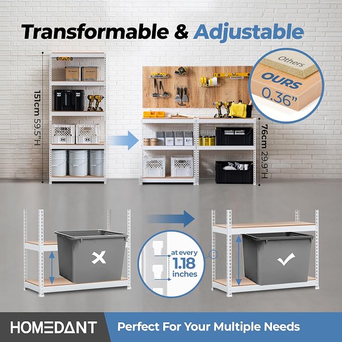 HOMEDANT 5 Tier Laminated White Boltless Metal Shelving Unit Adjustable Garage - Image 3