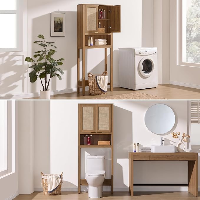 SICOTAS Over the Toilet Storage Cabinet, Rattan Door Bathroom Organizer | - Image 7