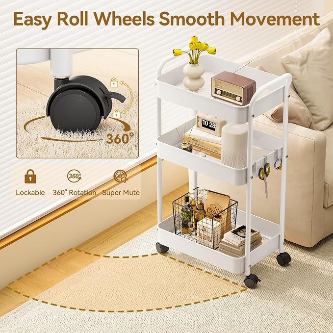 YASONIC 3-Tier Metal Rolling Cart, Sturdy Storage Utility Carts - Image 3