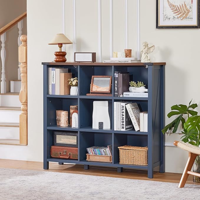 9 Cube Bookcase, Farmhouse 47 Inch Wide Navy Blue Bookshelf, Wooden 3 Tier - Image 7