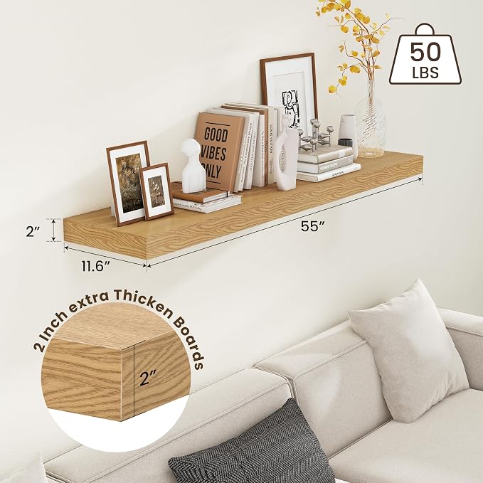FLYJOE Deep Floating Shelves, 55 Inch Oak Shelves Set of 1 | 12 Inch Deep - Image 3
