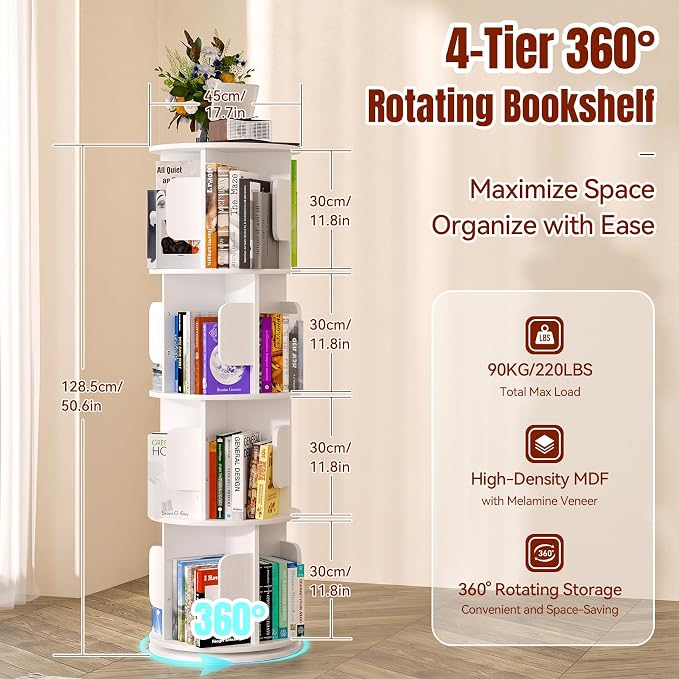 5 Tier Rotating Bookshelf, Wood Round Revolving 360 Bookcase Tower | - Image 2