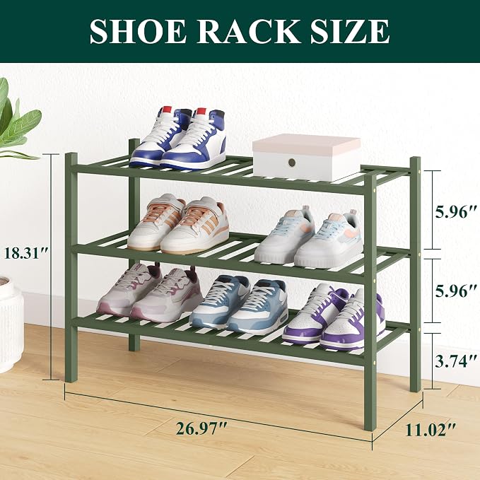 Smiry Bamboo Shoe Rack for Closet, 3 Tier Wooden Stackable Shoe Organizer - Image 2