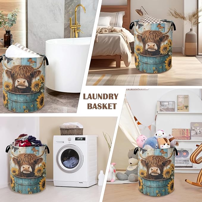 Large Laundry Basket, Highland Cow Collapsible Laundry Baskets, Sunflower - Image 7