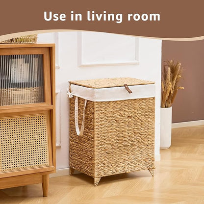 Laundry Hamper with Lid and Removable Liner Bag, Handwoven Natural Hyacinth - Image 4