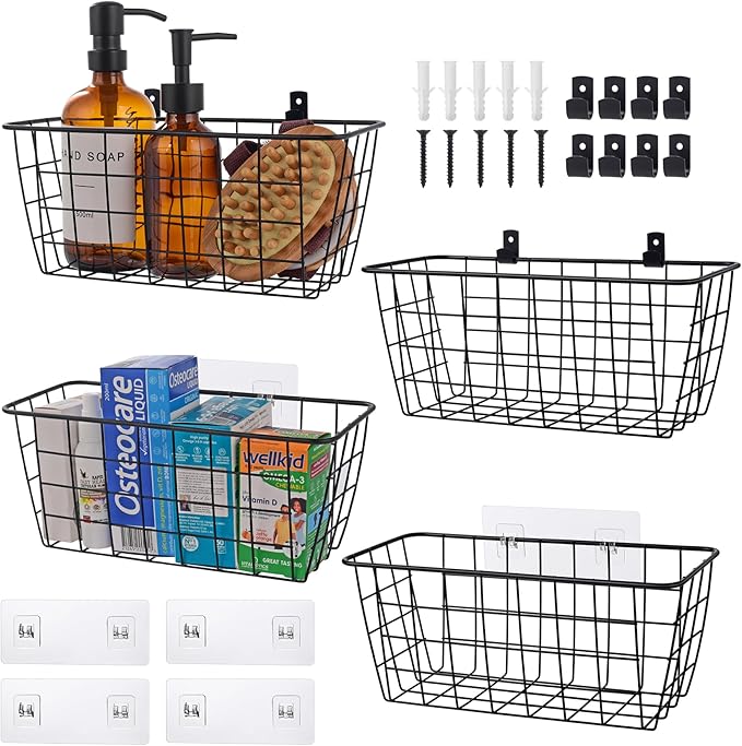 Wire Hanging Wall Basket, 4 Black Metal Baskets, Adhesive Cabinet Organizer | by LIGHTDUST