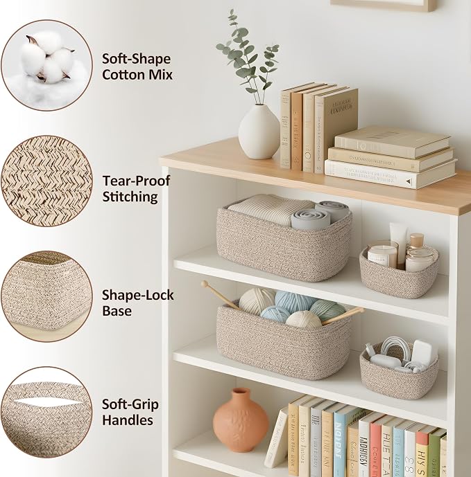 5-Pack Small Woven Rope Storage Baskets, 2 Sizes Organizer Bins | Fabric Cube - Image 3