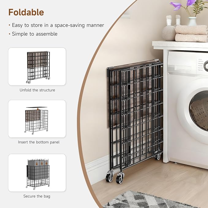 Laundry Basket with Wheels, Heavy Duty Laundry Sorter 3 Sections, 140L Large - Image 8