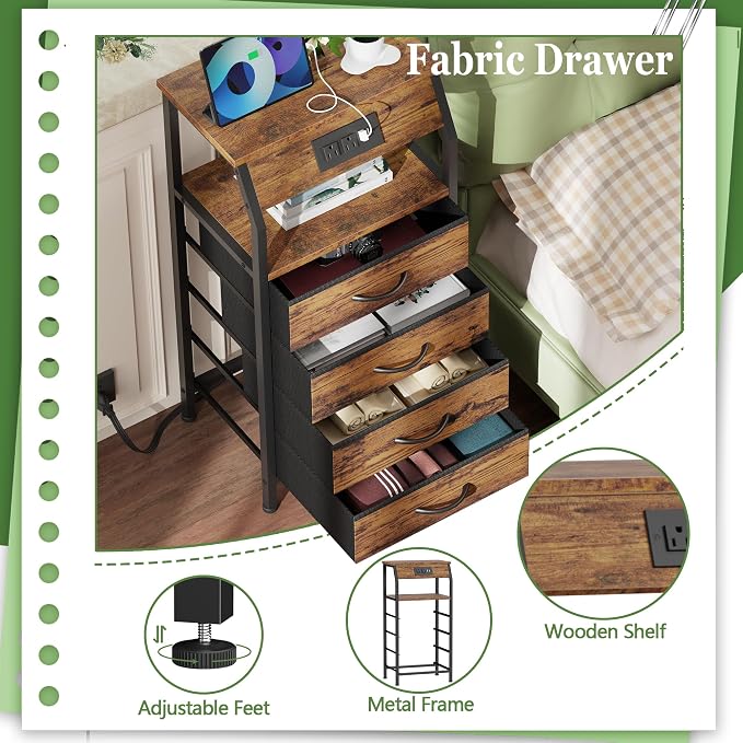 Furnulem Night Stand with Charging Station, 4 Drawers Tall Bedside Table | - Image 7