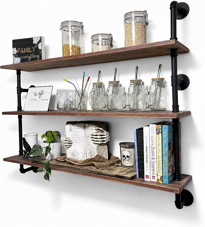 HDDFER Industrial Pipe Floating Shelves, 48 Inch Rustic Wood Wall Shelf | Real - Image 3