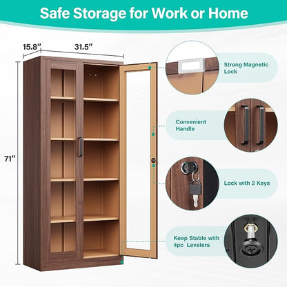 Metal Storage Cabinet with Lock and Glass Doors, Glass Display Cabinet - Image 3