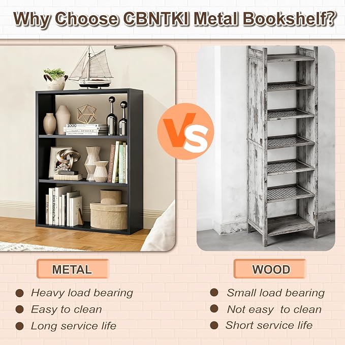 3 Tier Black Metal Bookshelf, Small Open Bookcases - Image 5