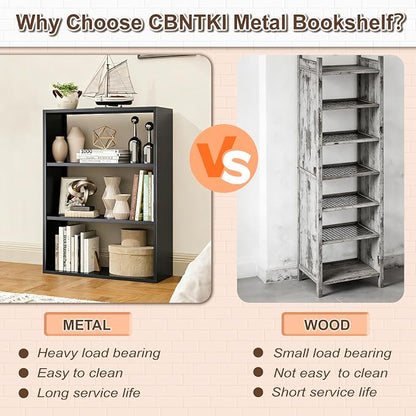 3 Tier Black Metal Bookshelf, Small Open Bookcases - Image 5