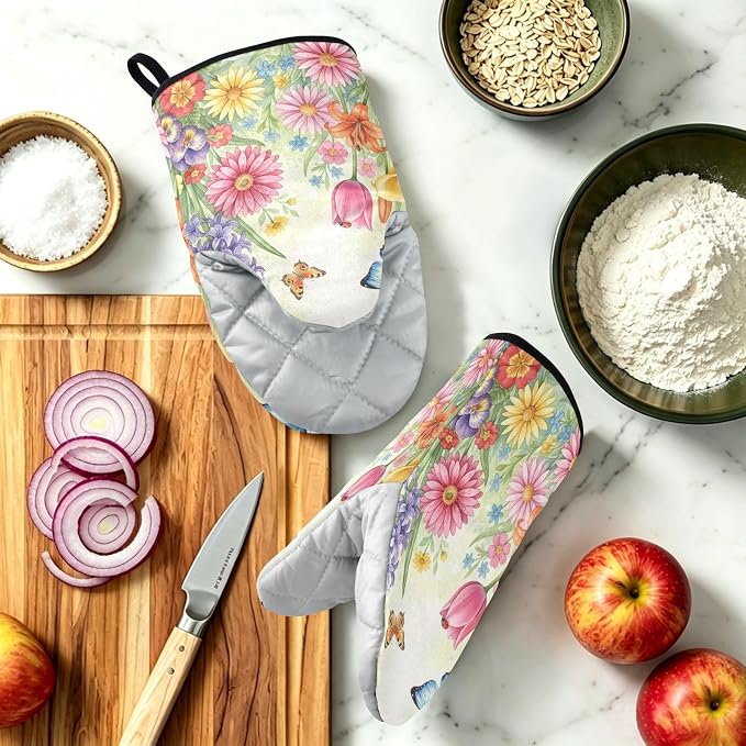 Heat Resistant Oven Mitts, Spring Flowers Floral Butterflies Kitchen Gloves - Image 6