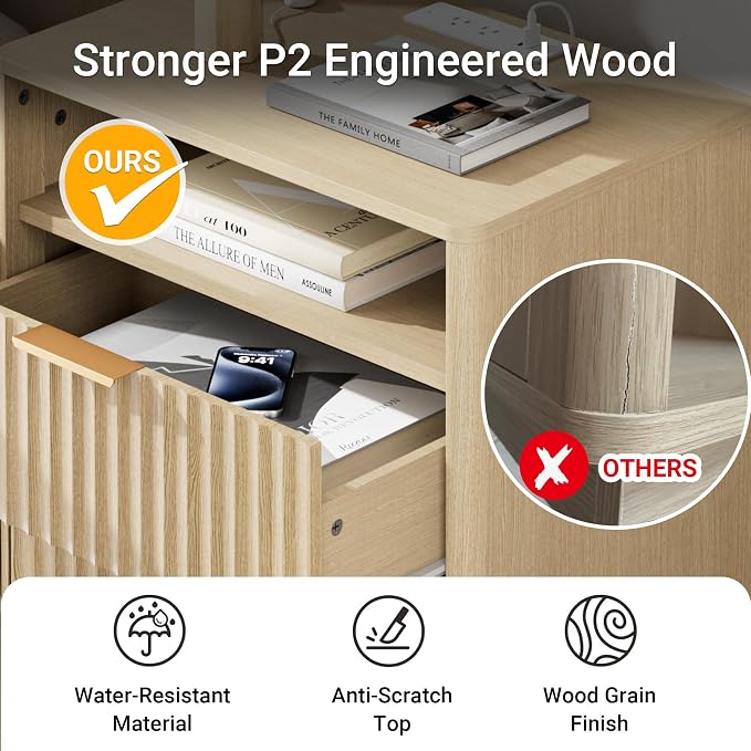 Fluted Nightstand with Charging Station, 2 Drawers End Table with Storage - Image 4