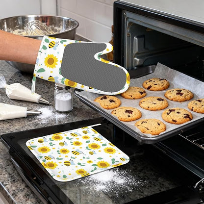 Cute Bee Sunflower Heat-Resistant Silicone Oven Mitts and Pot Holders 4 Piece - Image 4