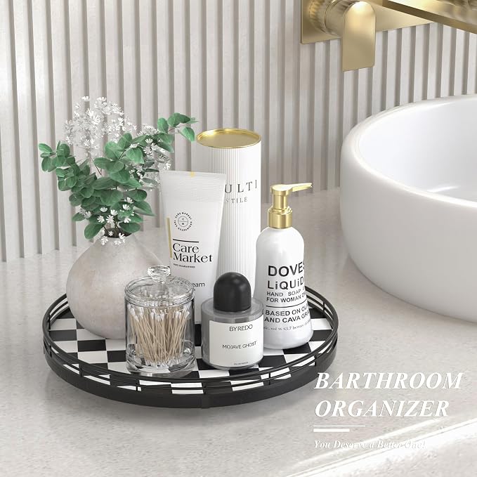 Black and White Kitchen Lazy Susan Turntable – Round Checkered Decorative Tray - Image 2