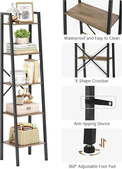 Hoctieon 5-Tier Industrial Ladder Bookshelf, Narrow Ladder Shelf, Tall Standing - Image 4