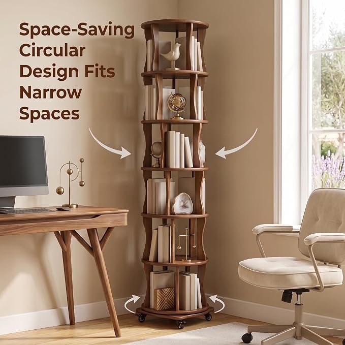 Rotating Bookshelf Tower 6 Tier Corner Bookshelf 360° Spinning Bookshelf | - Image 7
