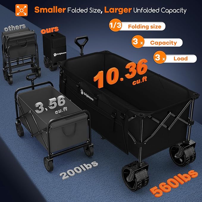 48" L Folding Beach Wagon Cart Foldable, 560lbs Weight Capacity 300L Heavy Duty - Image 3