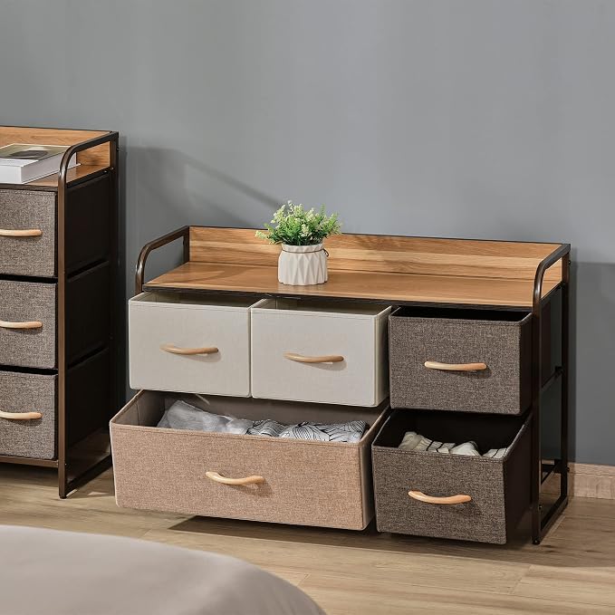 HOMCOM 5-Drawer Dresser, Fabric Chest of Drawers, 2-Tier Storage Organizer - Image 7