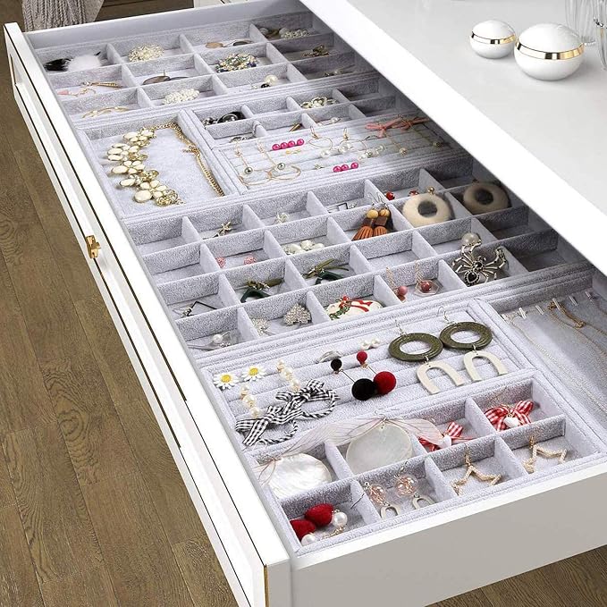 Gray Velvet Stackable 20 Hooks Necklace Jewelry Tray Showcase Display Organizer - Image 6