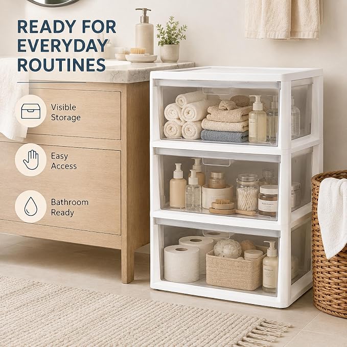 3 Drawer Plastic Storage Tower Clear Chest Organizer | Clear Removable Bins - Image 7