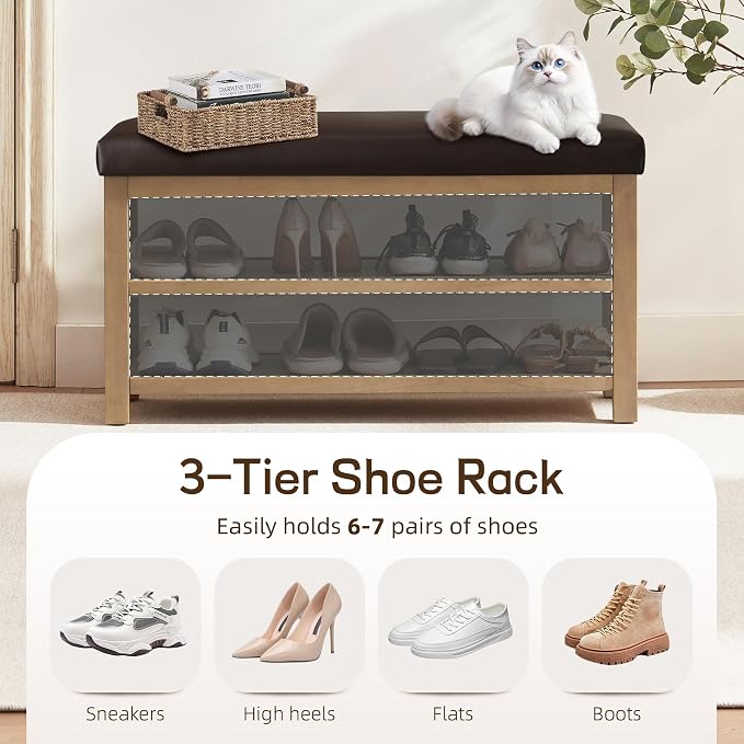 Zihanhome Shoe Rack Bench with Leather Cushion, 2 Tier Solid Wood Storage Bench - Image 5