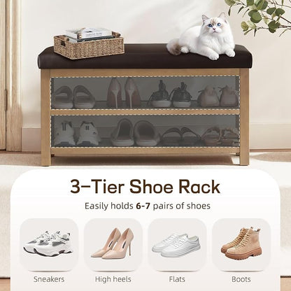 Zihanhome Shoe Rack Bench with Leather Cushion, 2 Tier Solid Wood Storage Bench - Image 5