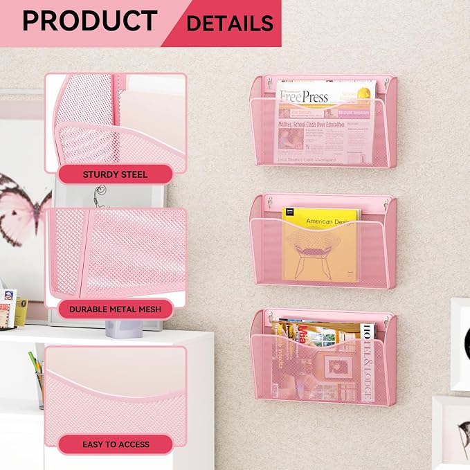 3 Single Pocket Wall File Holder, Mesh Hanging File Folder Paper Organizer - Image 4