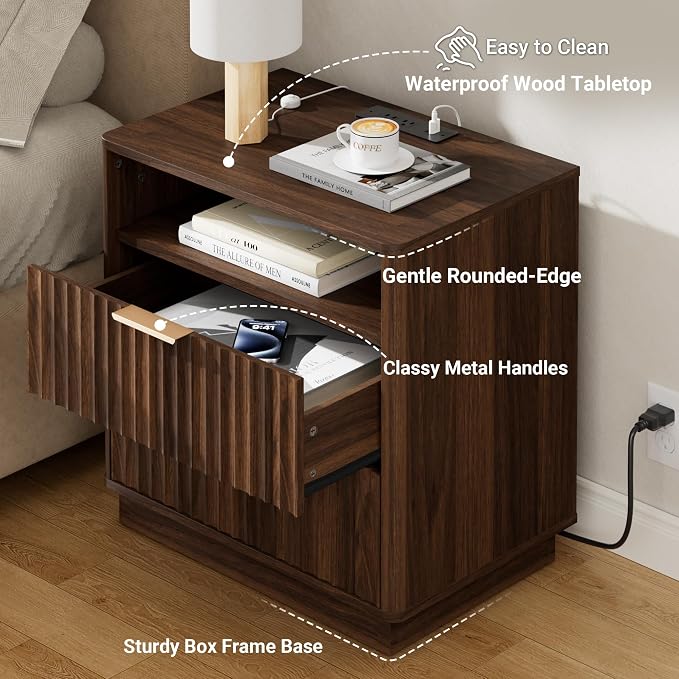 Large Fluted Night Stand with Charging Station, 2 Drawers End Table with Storage - Image 3