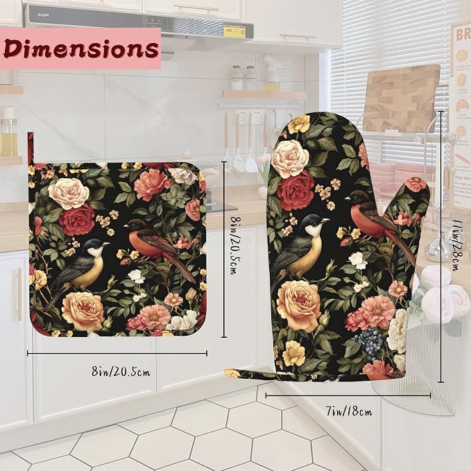 Vintage Rose Peony Floral Oven Mitts and Pot Holders, Bird Heat Resistant - Image 2