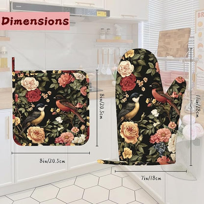 Vintage Rose Peony Floral Oven Mitts and Pot Holders, Bird Heat Resistant - Image 2